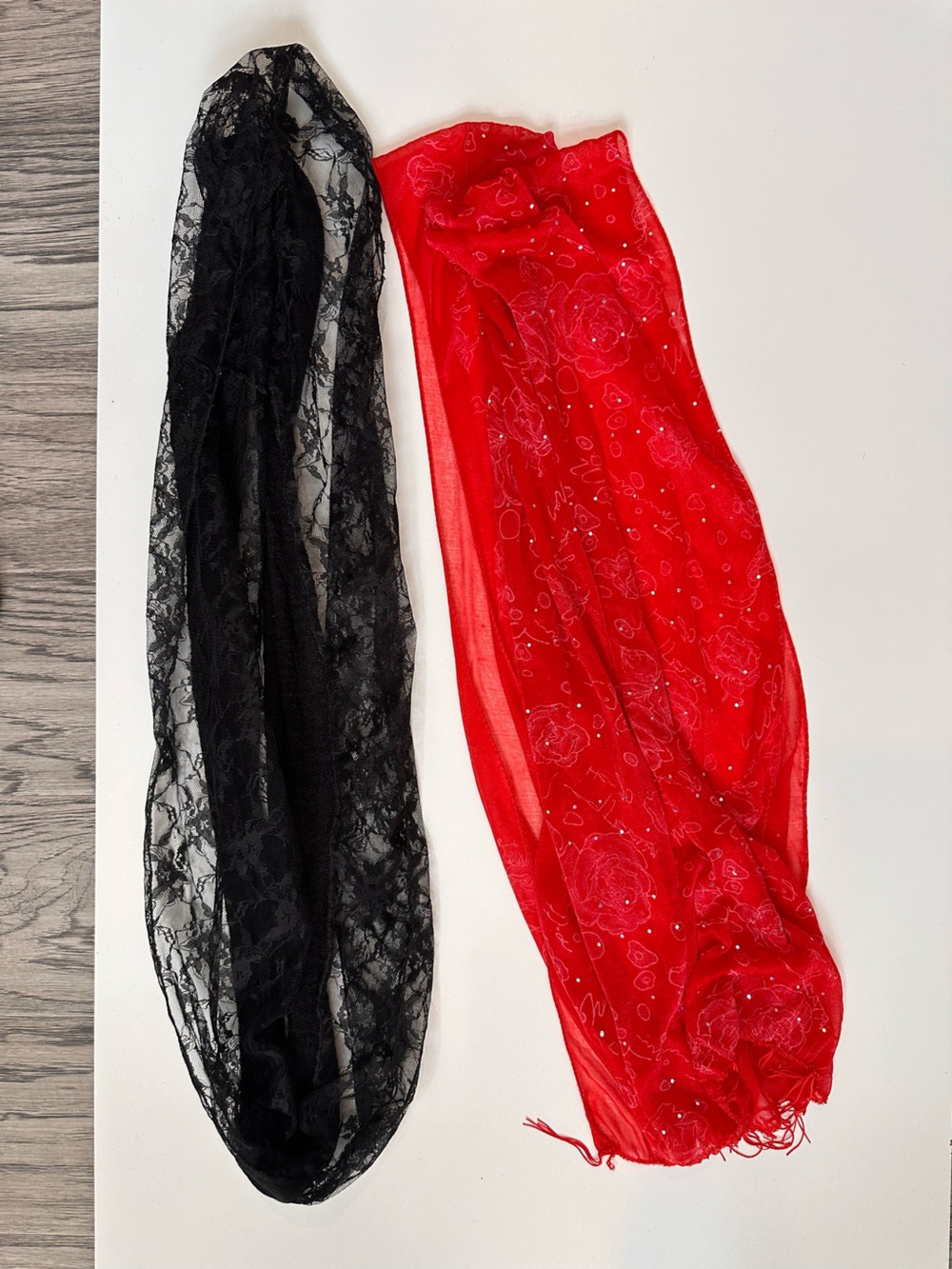 SET OF TWO Black Lace and Red Floral Sheer Scarves - Women Accessories